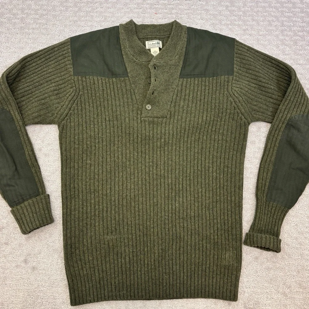 L.L. Bean Sweater Mens Large Tall Green Pullover Wool Commando Henley Military